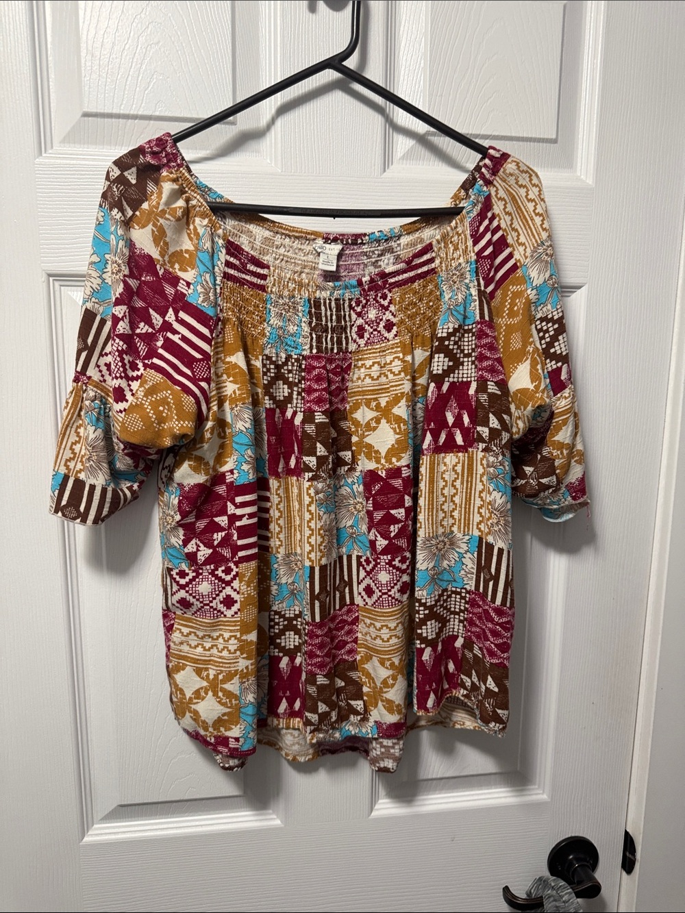 Cato Patchwork Off-Shoulder Blouse in Burgundy, Mustard & Turquoise